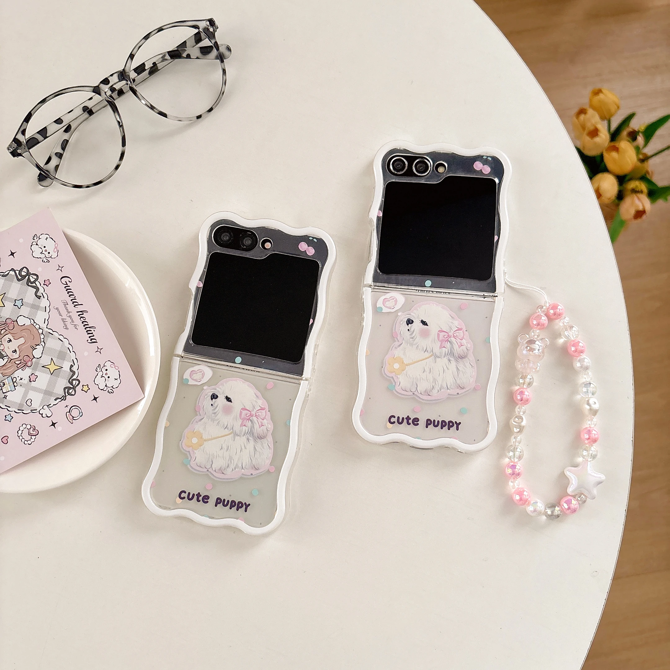 

Back Cover For Samsung Galaxy Z Flip 6 5 4 3 Case Bowknot Puppy Dog with Bracelet Chain Shockproof Phone Case