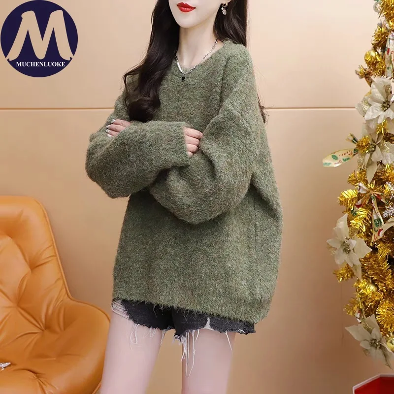 

Женский осенне-зимний вязаный свитер с круглым вырезом, корейский модный повседневный свободный толстый теплый пуловер для ленивого стиля