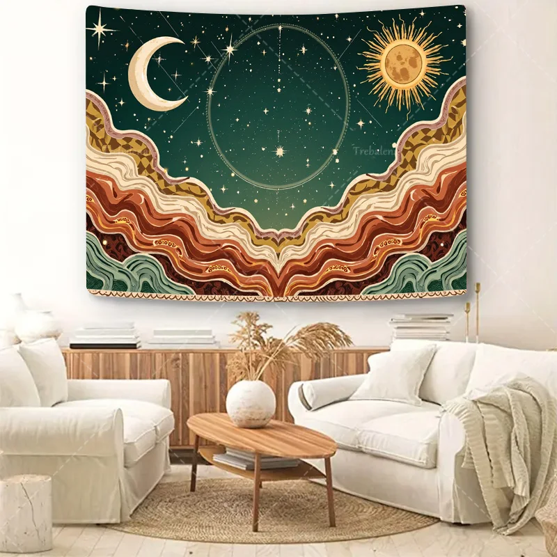 1pc Wall Tapestry Cosmic Waves Tapestry - Boho Sun Moon Stars Celestial Art Wall Hanging