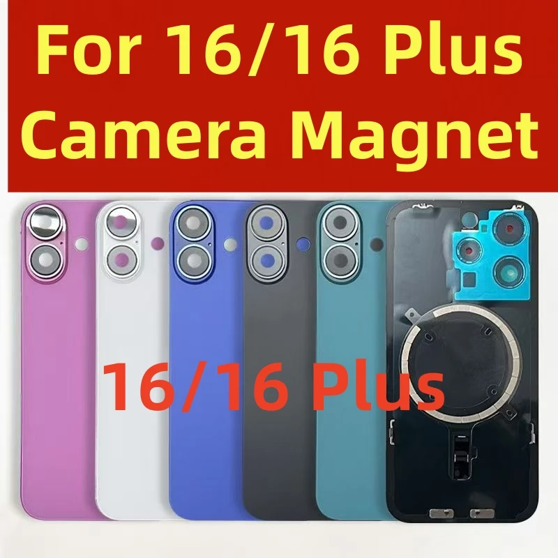 

Back Cover Glass With Camera Lens Iron Plate Magnetic Ring For iPhone 16/16 Plus Battery Rear Door Housing Repair Replacement