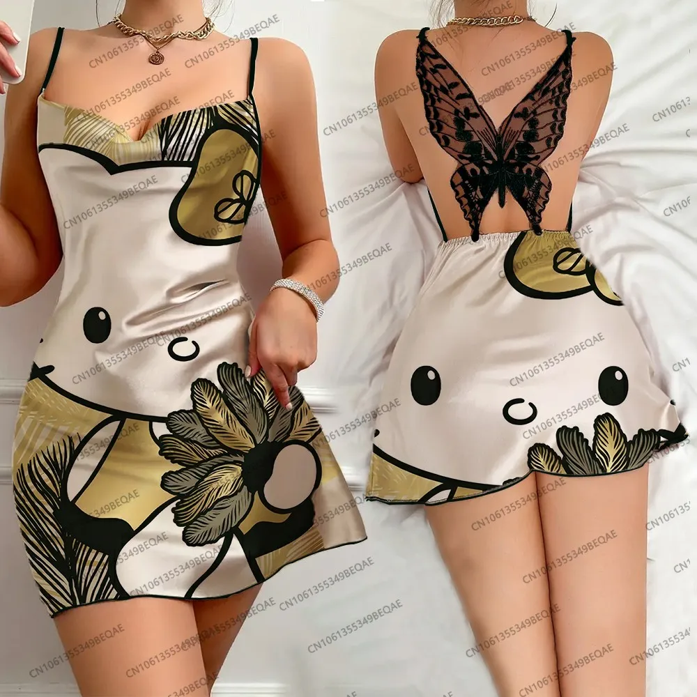 Vestido feminino moderno com suspensório de renda, estampa hello kitty, costas nuas, borda plissada, camisola de verão, confortável, sem mangas, roupa de dormir