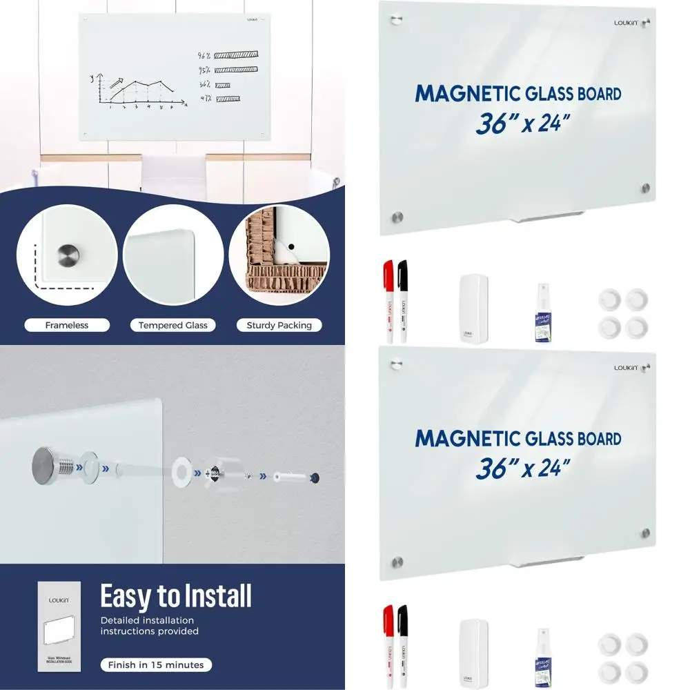 سبورة بيضاء زجاجية مغناطيسية مثبتة على الحائط مقاس 24 × 36 بوصة، مجموعة لوحة مسح جاف للمكتب/المدرسة مع ملحقات