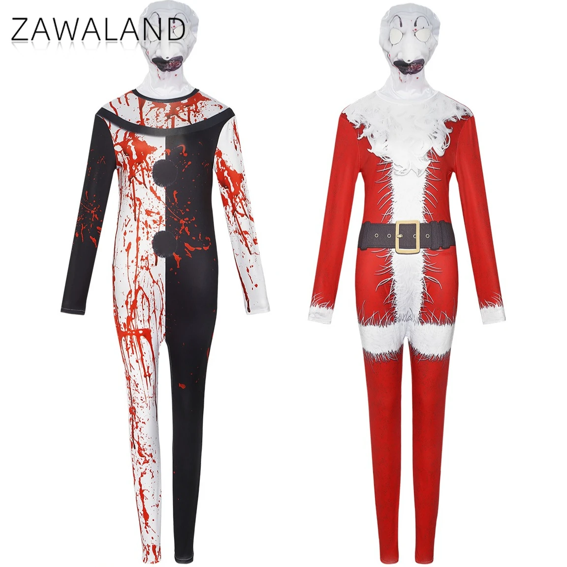 

Clown Horror Bloodstains Print Cosplay Costume Man Woman Halloween Party Performance Jumpsuit Santa Claus Bodysuit with Headgear