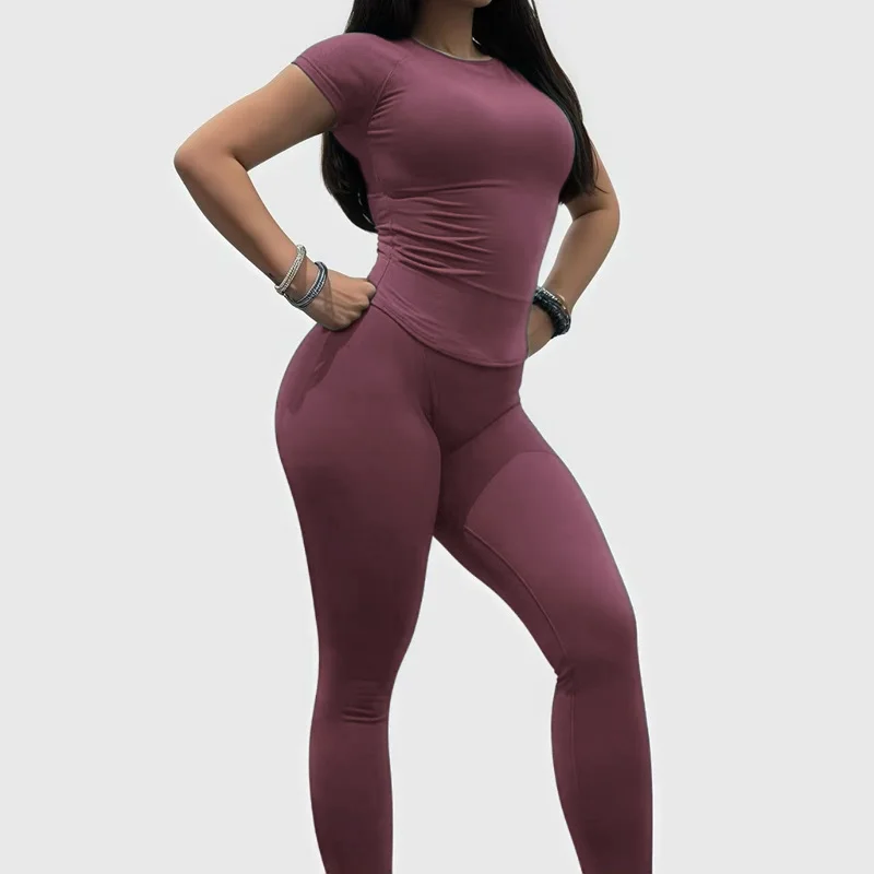 2-teiliges HISTELLO Sportbekleidungsset für Damen, kurzärmelig, nahtlos, niedrige Taille, Leggings, Gym, Yoga, Fitness, Laufen, tägliches Workout-Set – Detail 9
