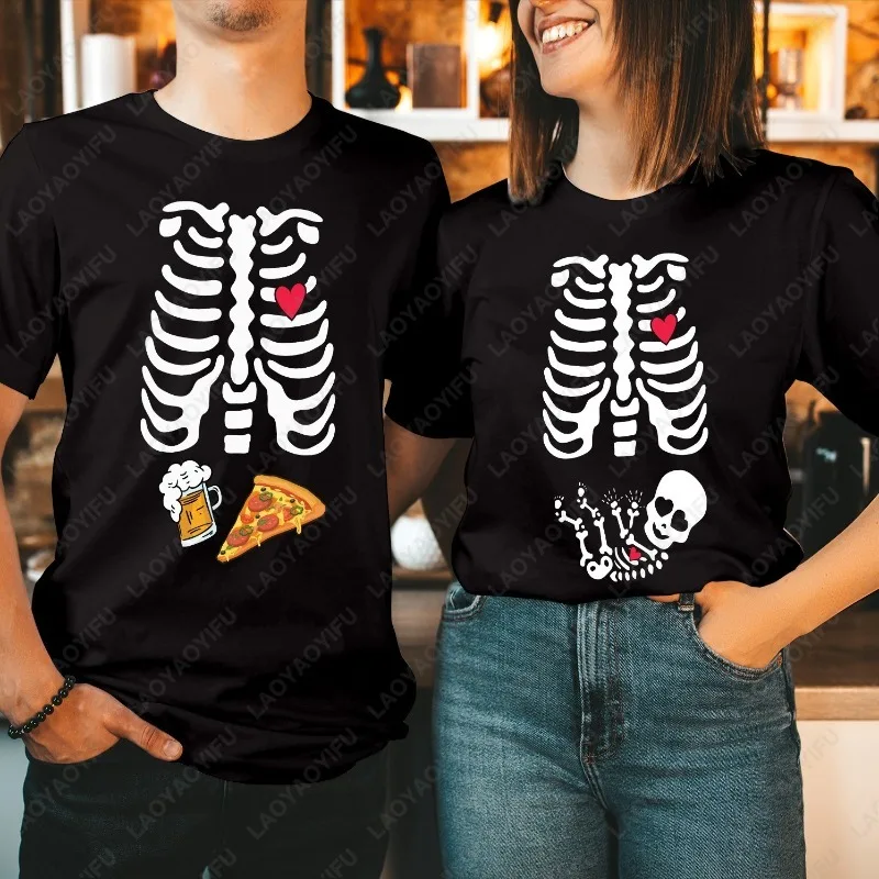Beer and Pizza Skeleton Ribcage Halloween Maternity T-Shirt Couple Matching Tops High Quality Men Woman Cotton Short-sleeve Tees