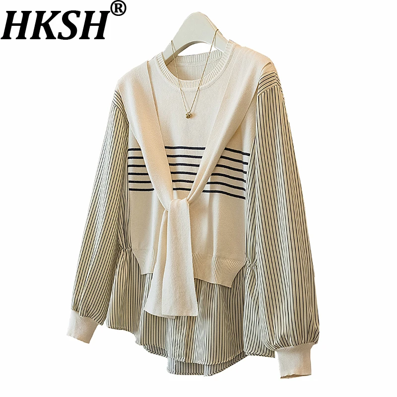 

HKSH осенний новый полосатый вязаный свитер в стиле пэчворк, топы для женщин, искусственный двухсекционный контрастный цвет, стильный темперамент, сладкий HK10991