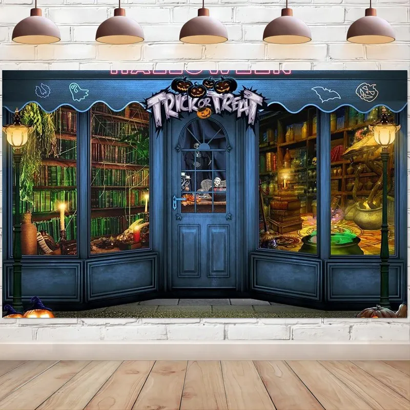 Halloween Backdrop Magic Witch Store Black Cauldron Bookshelf Pumpkin Background for Photography Trick or Treat Party Decoration