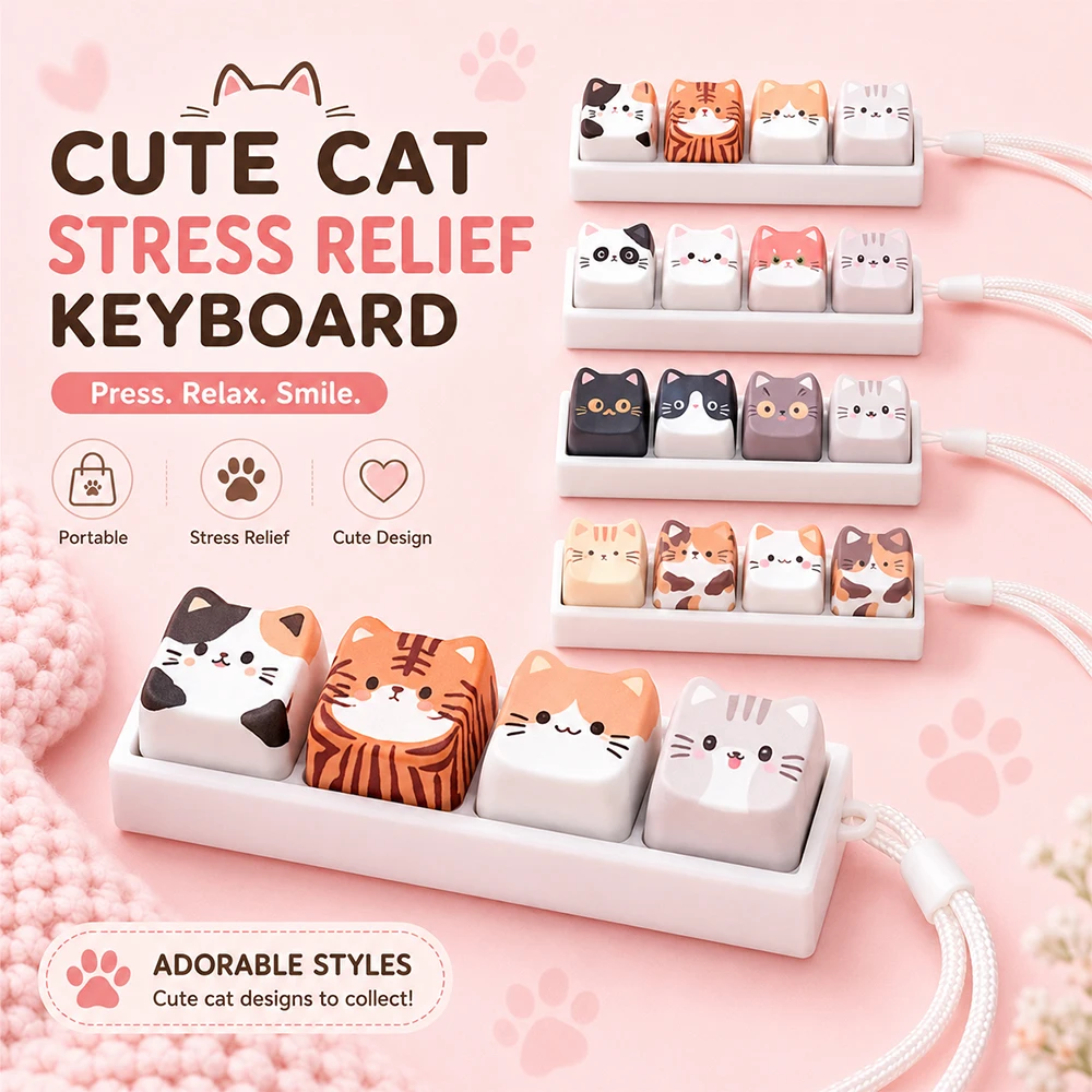 Niedliche Katzen-Fidget-Tastatur mit 4 Tasten, Kreativer Keycap-Schlüsselanhänger, Finger-Fidget-Knopf, Kawaii Mechanische Tastatur-Schlüsselanhänger, Taschenanhänger – Detail 3