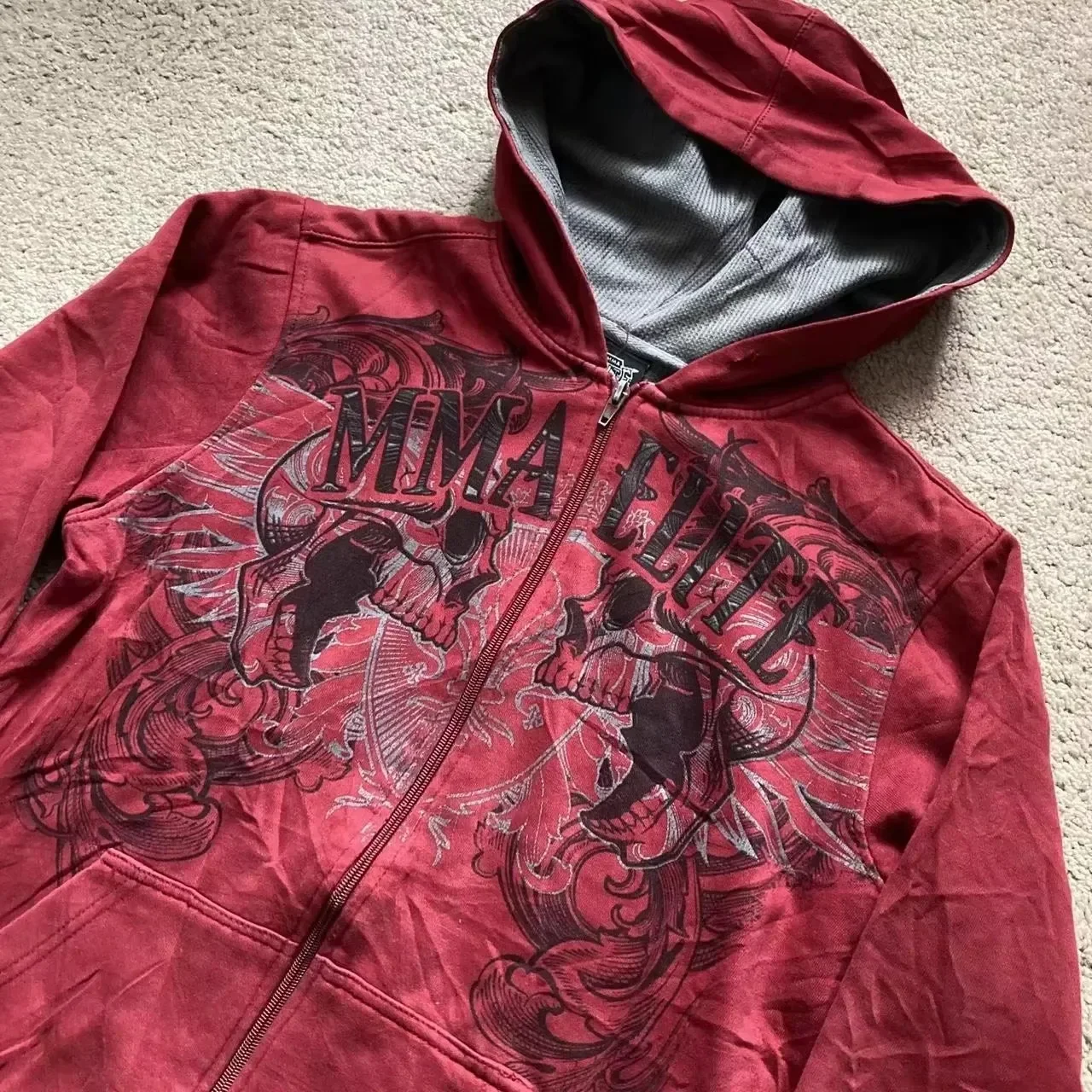 2025 New Red Hip Hop Zipper Hoodies Vintage Elite Full Zip Hoodie Sweatshirt Size Skull Printing Red Sweatshirts