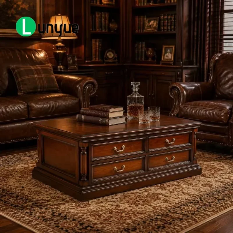 Classic Handmade Wooden Coffee Table Medieval Design with Storage Drawer Warm Toned Living Room Furniture Home Decor