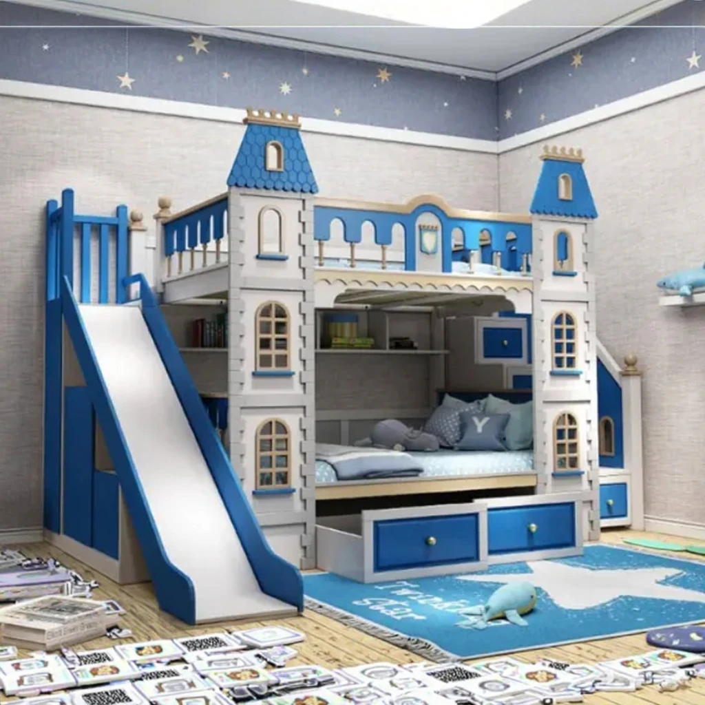 Tempat Tidur Tingkat Kayu Solid dan MDF Laris Manis untuk Anak-Anak, Furnitur Kamar Tidur Biru untuk Anak Laki-Laki, untuk Penggunaan di Rumah