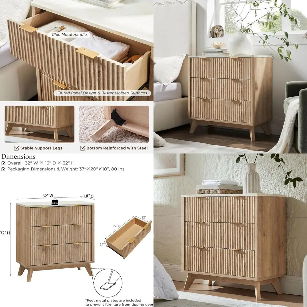 

32 Tall Elegant Chest with Auxiliary Marble Top, Curved Profile Design, Ideal for Bedroom, Living Room, Hallway, Entryway, Natur