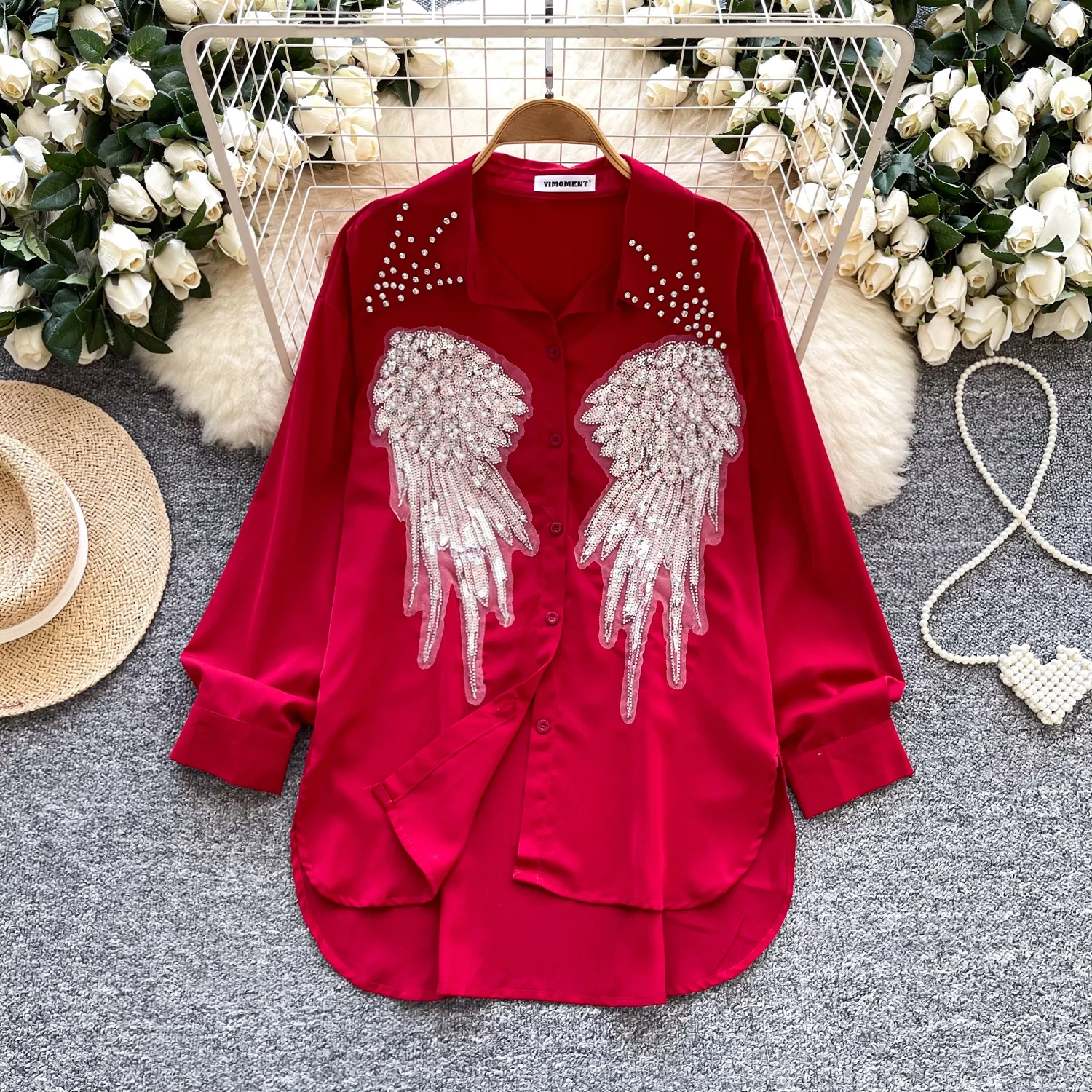 

Clothland Women Fashion Sequined Beaded Blouse Long Sleeve Candy Color Long Shirt Female Shiny Tops Mujer LB324