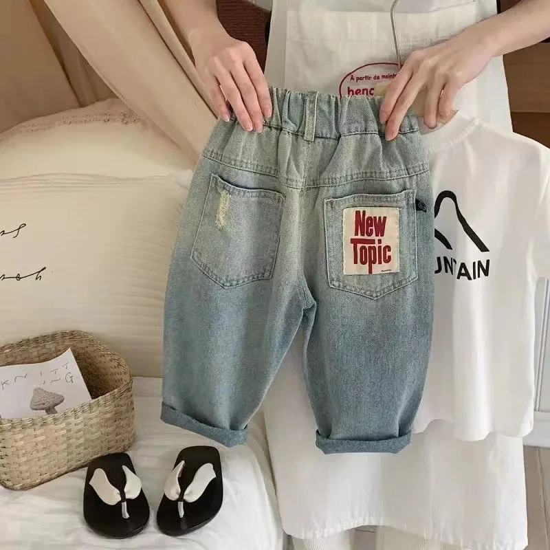 Autumn New Spring and Autumn Crawler Children's Gradient Ripped Jeans Boys' Cropped Pants Fashion Fashion