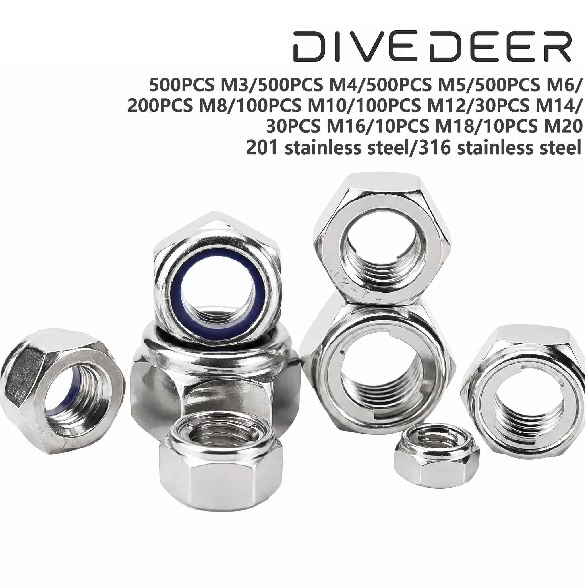 201ステンレス鋼-316ステンレス鋼-din-985-ナイロンインサート六角ロックナット、シルバーセルフロックナット、m3～m20緩み止めナット