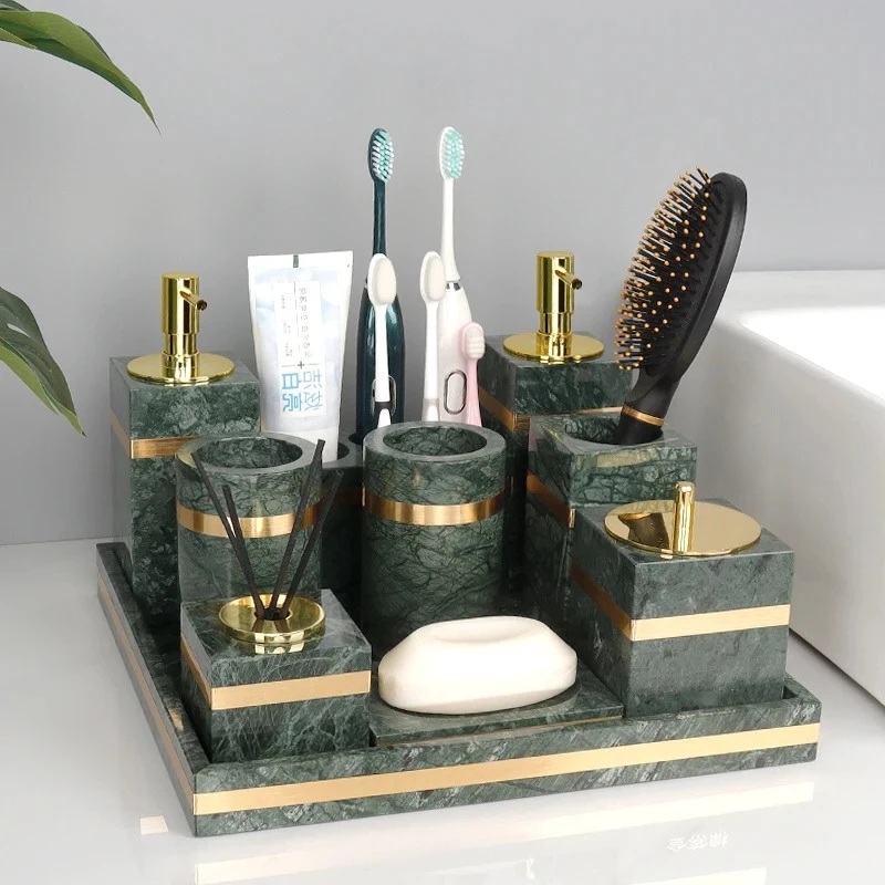 

Indian Green Natural Marble Bathroom Set with Gold Soap Dispenser Soap Dish Tissue Box Holder Luxury Modern Bathroom Decor