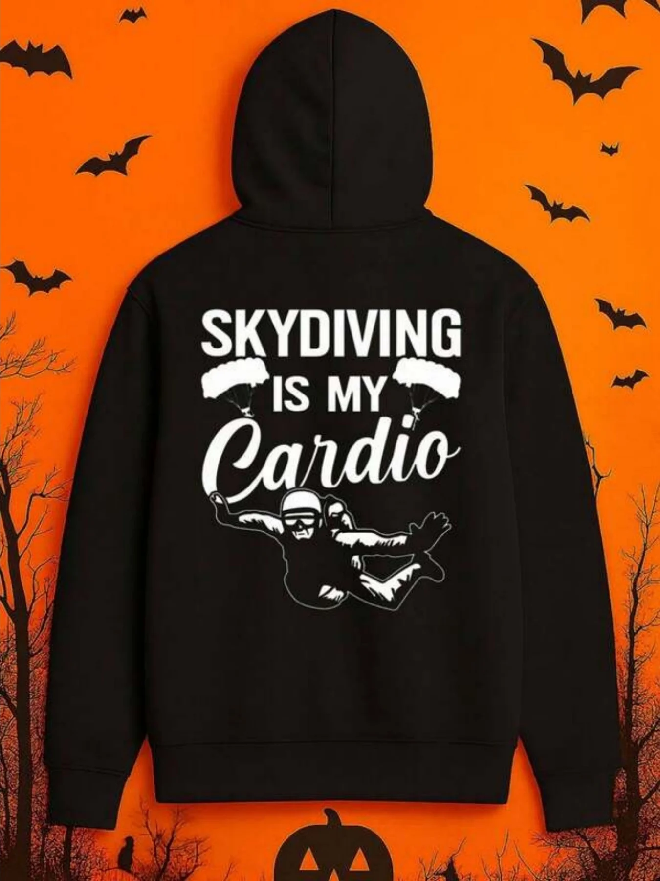 Felpa con cappuccio da uomo, nera, con grafica a tema paracadutismo, ideale per l'allenamento cardio, con un design audace che richiama il salto in aria, felpa pesante da indossare sopra altri