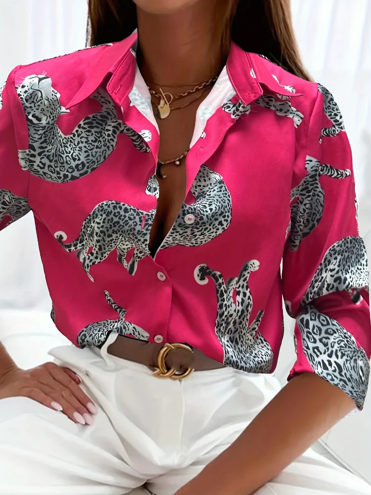 2024 Women\'s New Long Sleeve Shirt Fashion Leopard Pattern Printed Daily Women\'s Top Retro Style Women\'s Button Collar Shirt