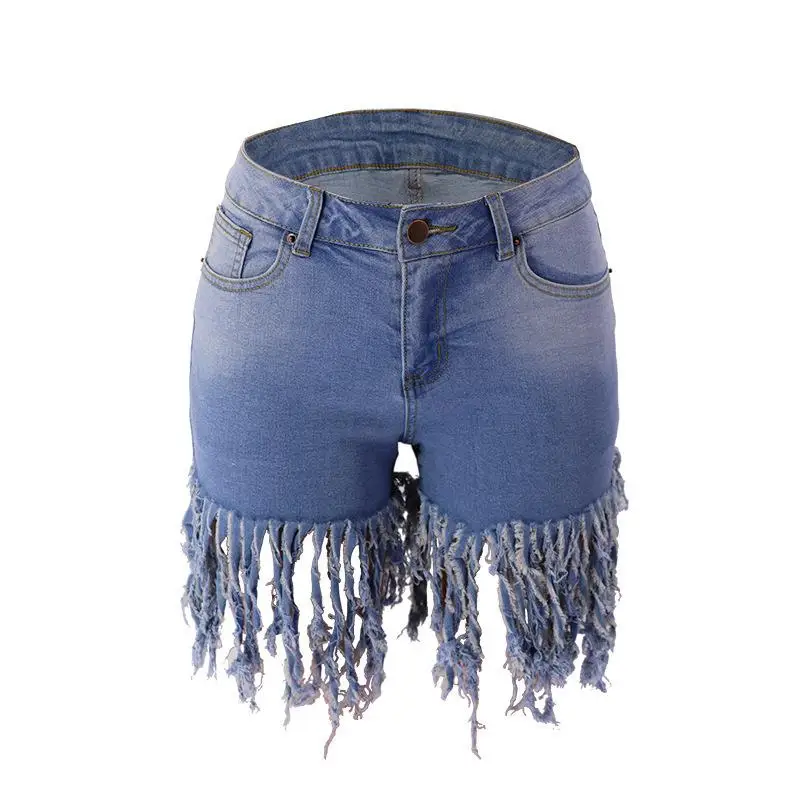 

Trendy Fringed Mid-Waist Blue Jeans Women's Short Pants Spring Fashion New Tang Denim Skinnies Natural Waist Medium Stretch