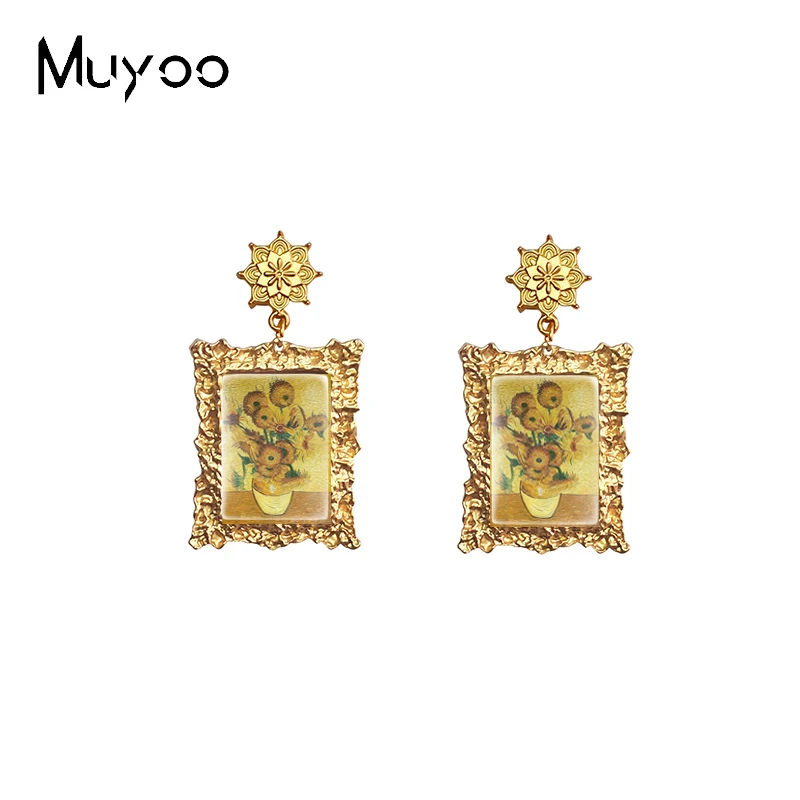 New Arrival Vintage Famous Starry Night Sunflower Oil Paintings Antique Mandala Rectangle Glass Cabochon Vintage Drop Earrings