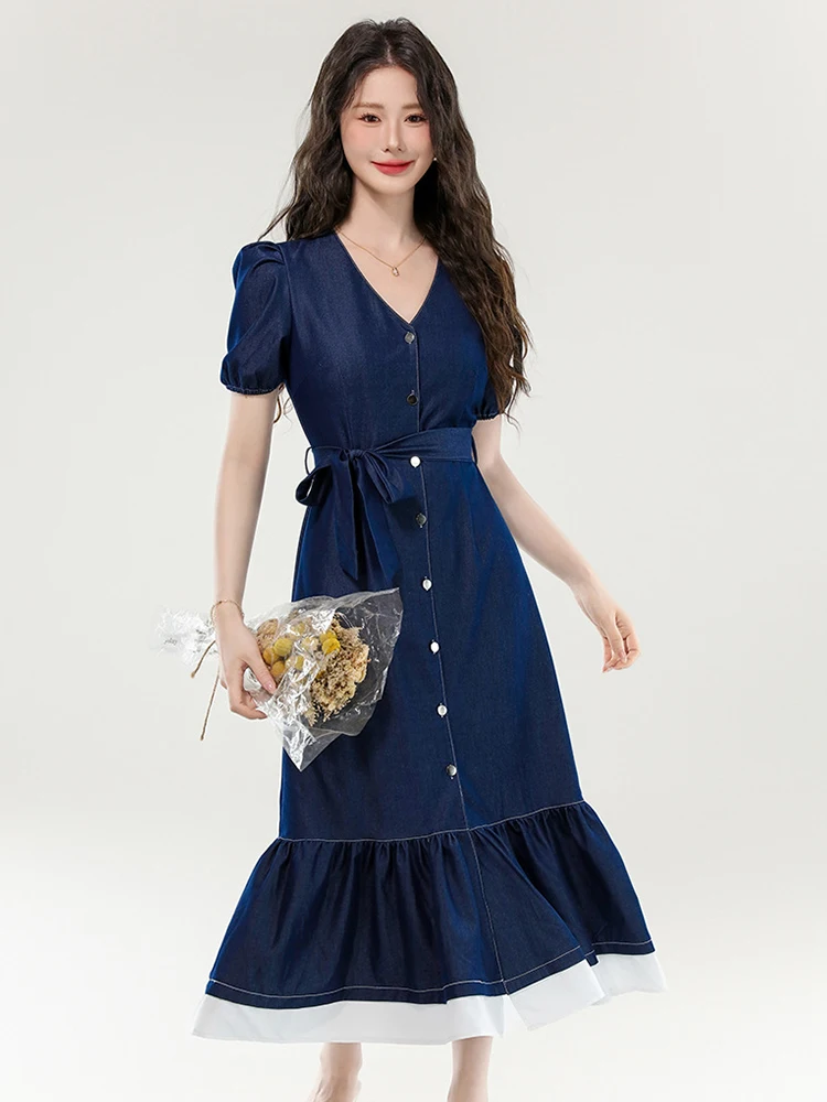 Women Street Clothes Denim Retro Puff Sleeve Single Breasted Belt Slim A-Line Long Dress Elegant Vestidos Robe Casual Sweet New