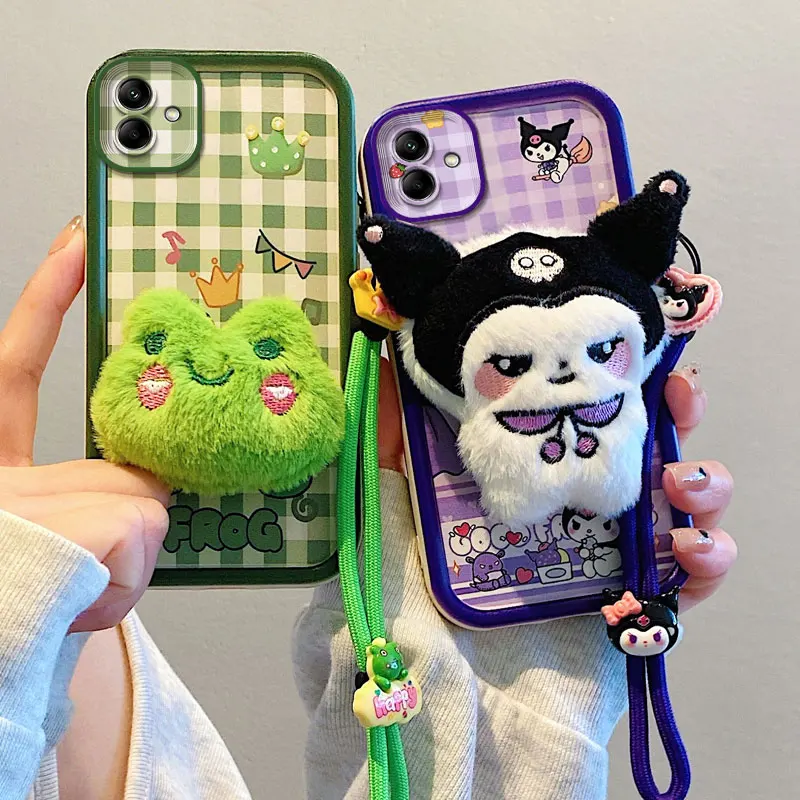 3D Fur Cartoon Kuromi Phone Case for Vivo Y18 Y17 Y16 Y15 Y12 Y11 Y3 Y03 Y02 V40 V30E Y17S Y12S With Wrist Strap Plush Cover