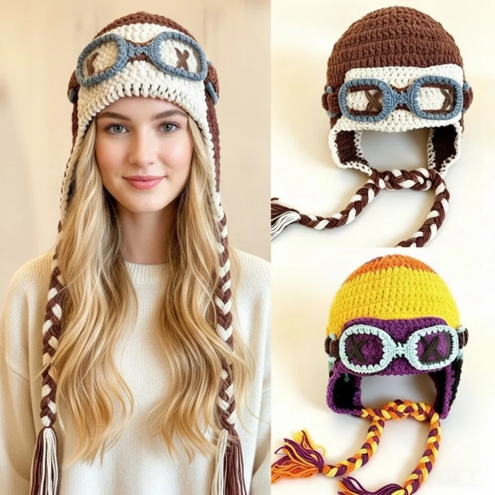 Cute Windproof Winter Pilot Hat With Goggles Crocheted Color-Blocked Knitted Beanie Beanie Ear Protection Earflap Cap Cycling