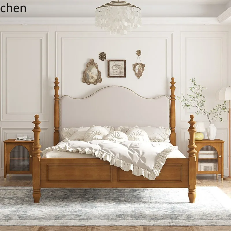DSA Solid Wood Bed Retro Leather Art Large Bed High Backrest Soft Upholstery Roman Column 1.8* Simple Wedding Bed