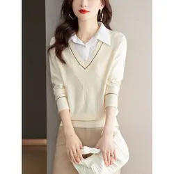 Spring Autumn New Solid Color Fake Two Pieces Sweater Women High Street Turn-down Collar Long Sleeve Button Patchwork Pullovers