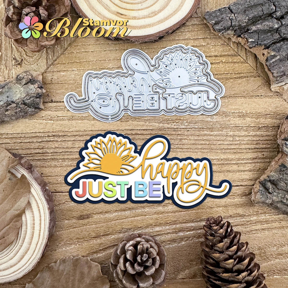 Original JUST BE HAPPY Sunflower Layer Words Title Metall-Stanzformen, Scrapbooking, dekorative Prägung