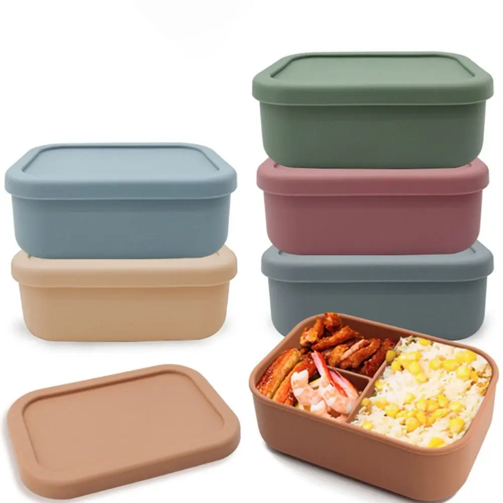 3 Compartments Silicone Lunch Box Rectangular Microwavable Food Container Heat Resistant Lunch Container Student