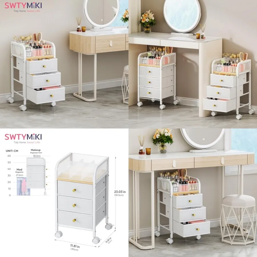 

Rolling Makeup Organizer Cart - Under Desk Vanity Makeup Storage with 3 Non-woven Drawers, Nail Cart Organizer Cosmetic Display