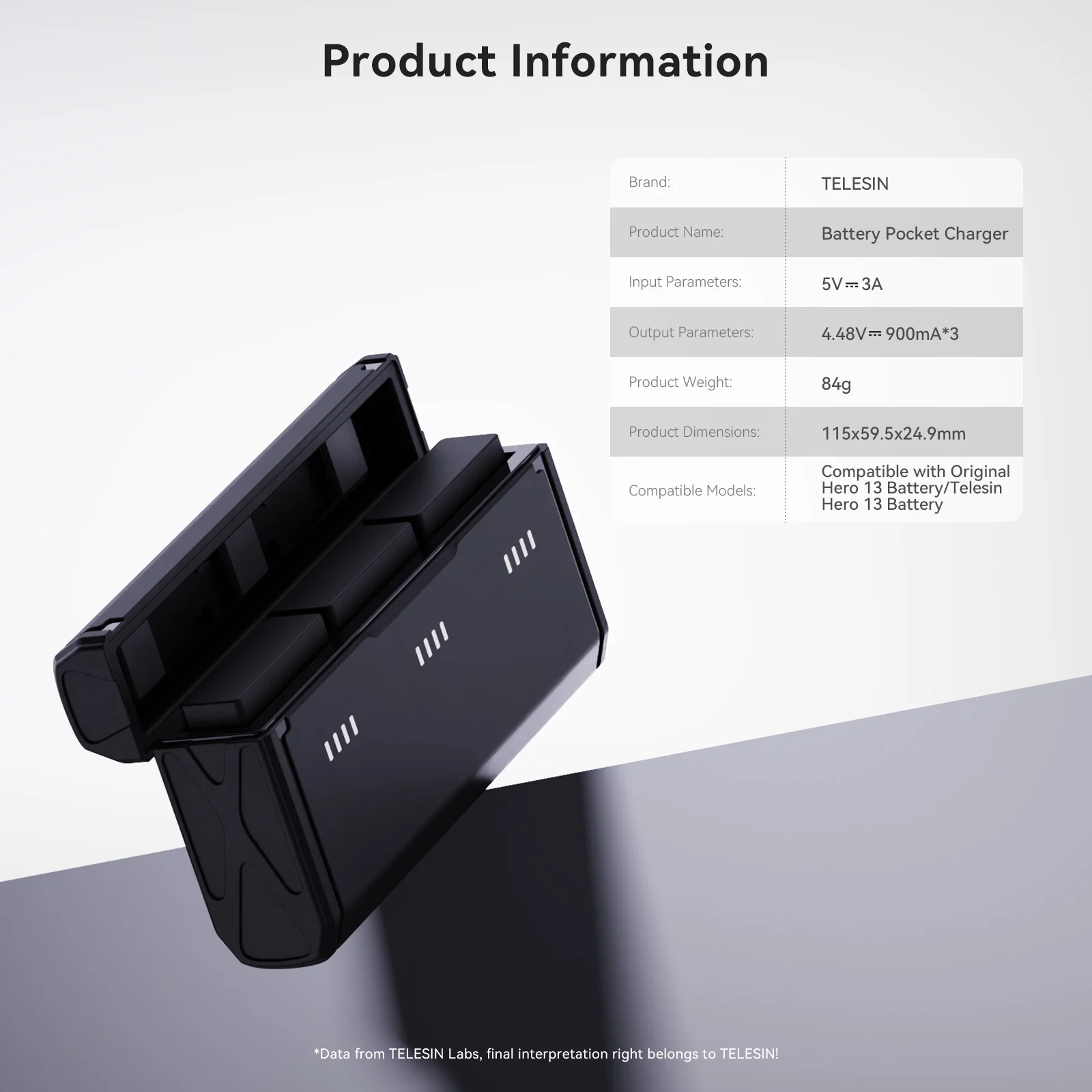 TELESIN-Chargeur de poche pour GoPro fore13, stockage de carte TF, batterie à 3 emplacements, boîtier de charge rapide