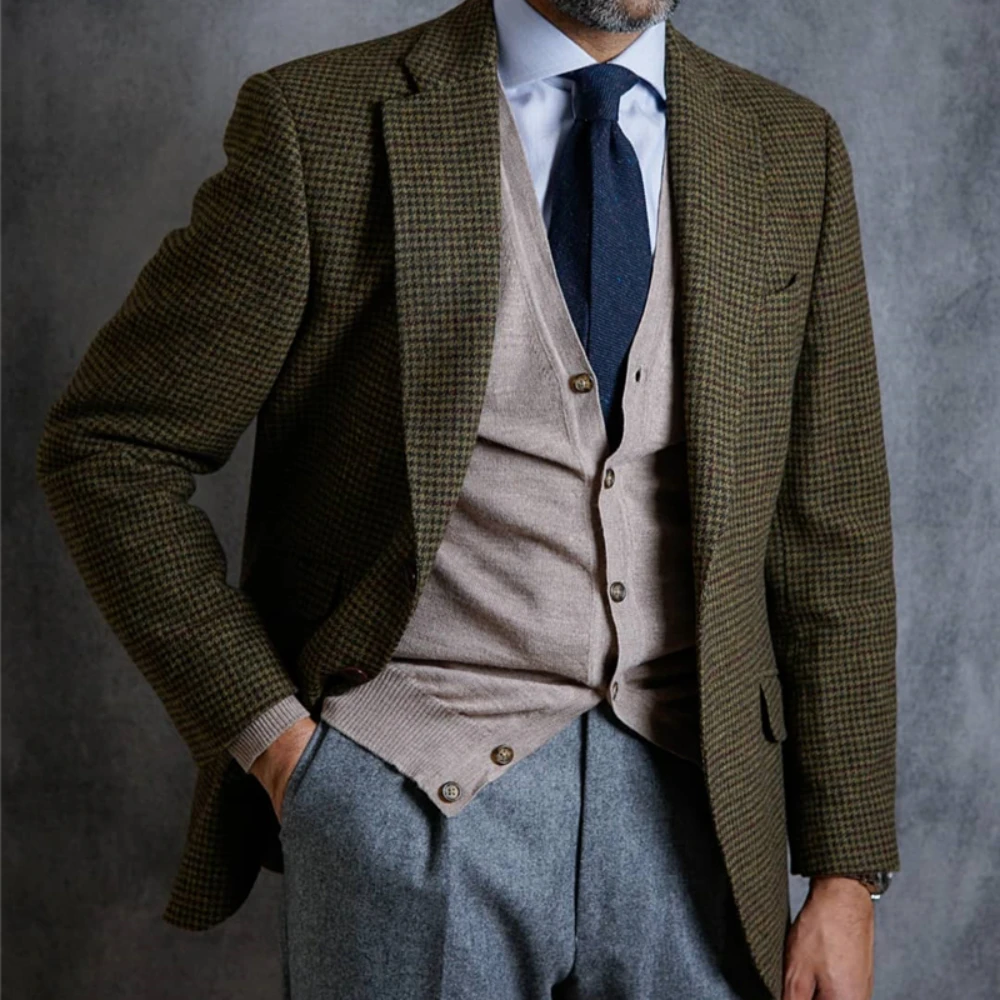 Plaid Smart Casual Singal Breasted England Style Wram Top Thick Woolen Winter Man Suit Jacket Tweed Blazer