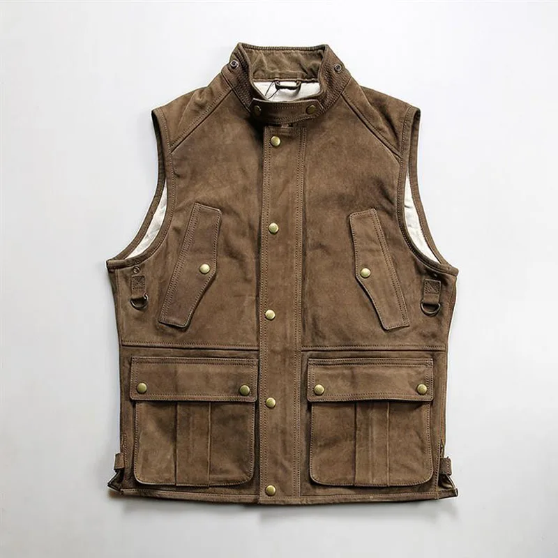 

2024 New Style Hunting Suit Real Leather Vests Men's Stand Collar Moto Multi Pocket Thick Cowhide Sleeveless Jackets Waistcoat