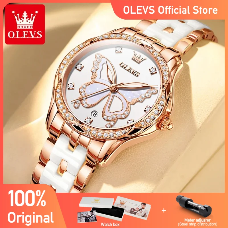 OLEVS-Montre-bracelet étanche avec bracelet en céramique pour femme, montres automatiques Shoous, lunette en biscuits, mode élégante, 5610