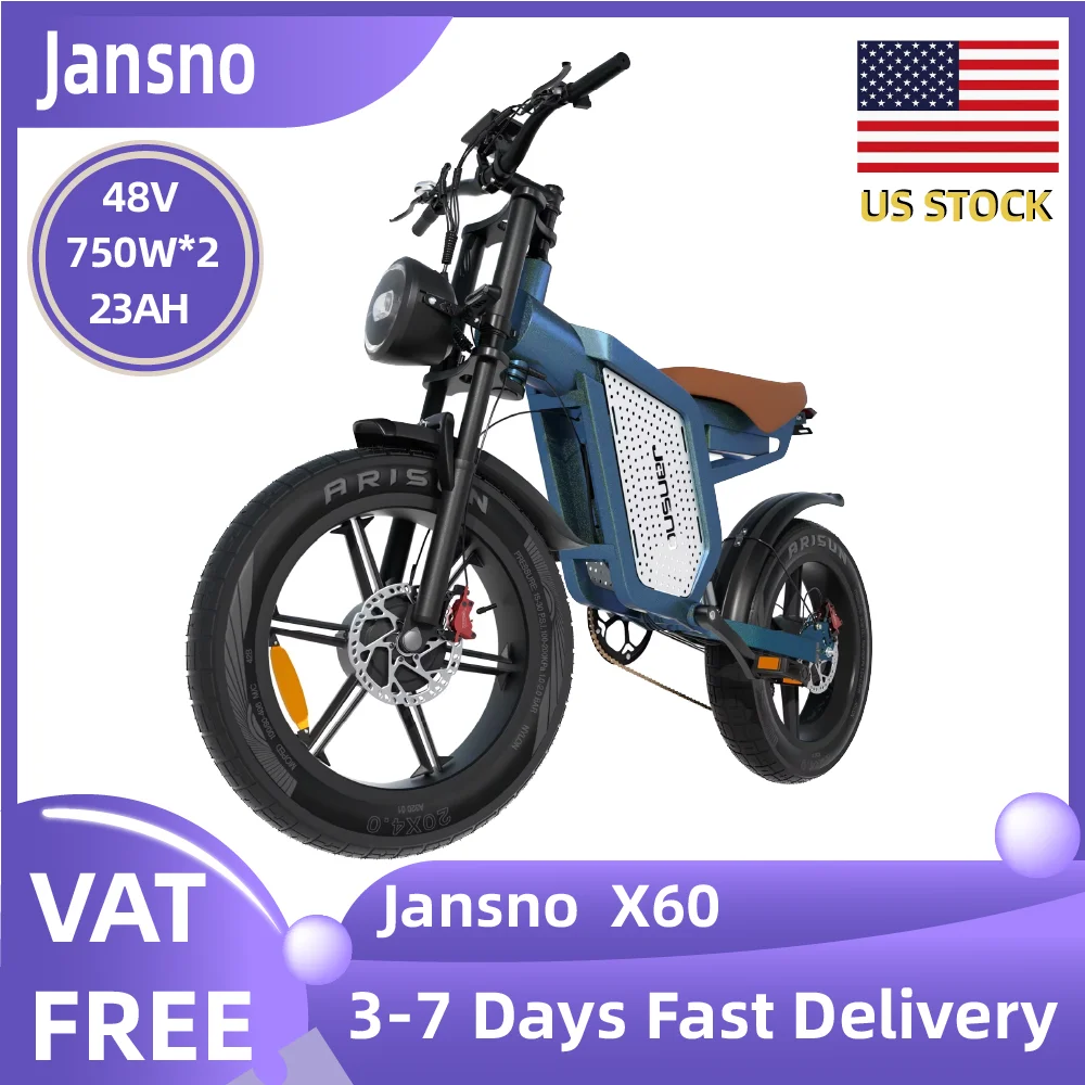 

Электровелосипед Jansno X60 для взрослых, аккумулятор 48В23Ач, два мотора 750Вт*2, электрический горный велосипед, 20-дюймовые широкие шины, внедорожный электровелосипед