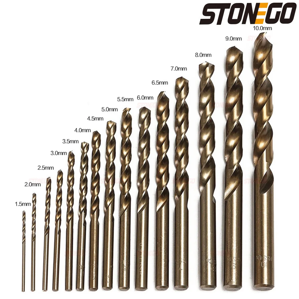 STONEGO 15PCS Cobalt Drill Bits For Metal Wood Working M35 HSS Co Steel Straight Shank 1.5-10mm Twist Drill Bit