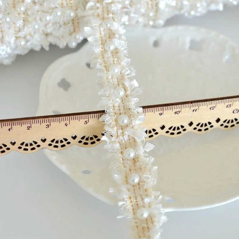 2CM Wide Beautiful Beige Cotton Pearls Embroidery Beaded Fringed Ribbon Handmade DIY Lace Applique Collar Cuffs Apparel Fabric