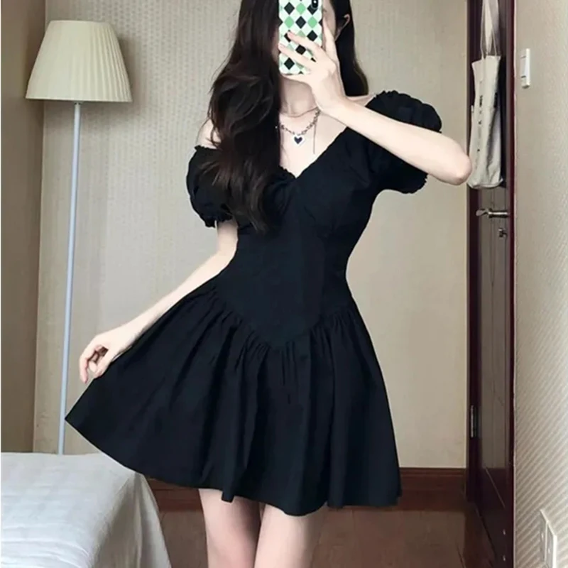 Gidyq Black A Line Mini Dress Women French Sweet Kawaii High Waist V Neck Pleated Skirt Ladies Fashion Retro Vestidos Summer New