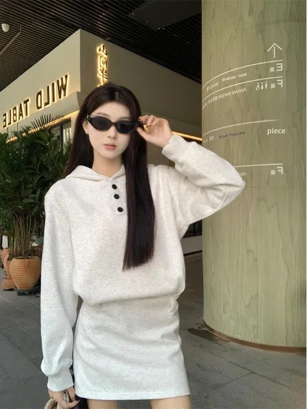 American Style Long Sleeve Hoodie Dress Women's Fashion Slim Fit Short Skirt Inner Wear Cute College Sweet Style Polyester Bl...