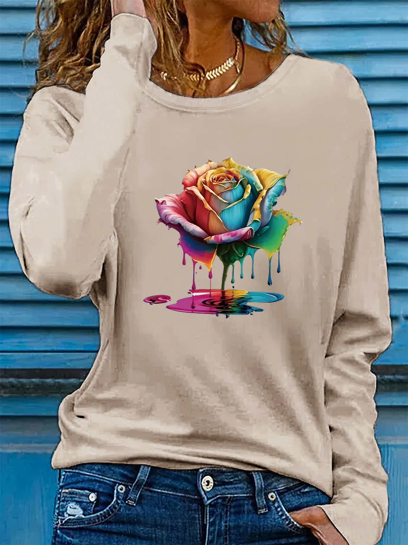 

Женская свободная повседневная модная футболка из 100% чистого хлопка с длинными рукавами и круглым вырезом с цветочным принтом