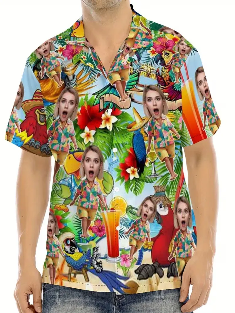 

Персонализированная гавайская рубашка с фото для мужчин и женщин, с изображением лица, короткий рукав, на пуговицах, для пляжного отдыха, подарок