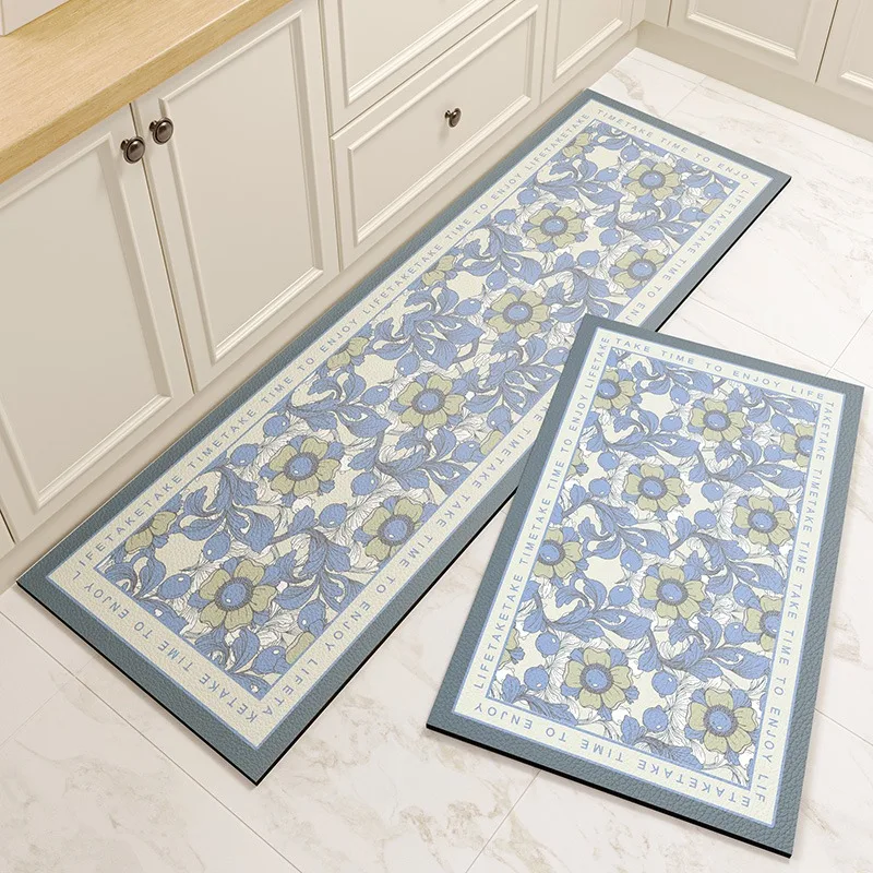 Polymères de sol en PVC imperméables pour la cuisine, tapis en cuir non ald, tapis de pied résistants à l'huile, motif de fleurs roses, décoration de la maison, tapis en vinyle lea