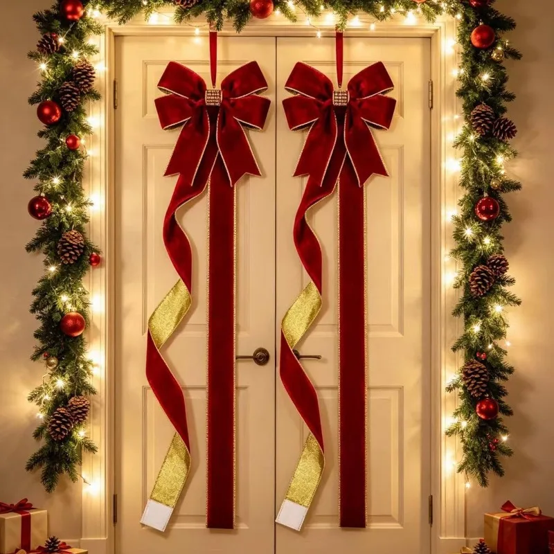 2 nœuds de Noël pour décorer les portes des armoires, de grande taille, en velours, pour décorer les arbres de Noël, pour les vitrines et les salles d'exposition, pour le Nouvel An.