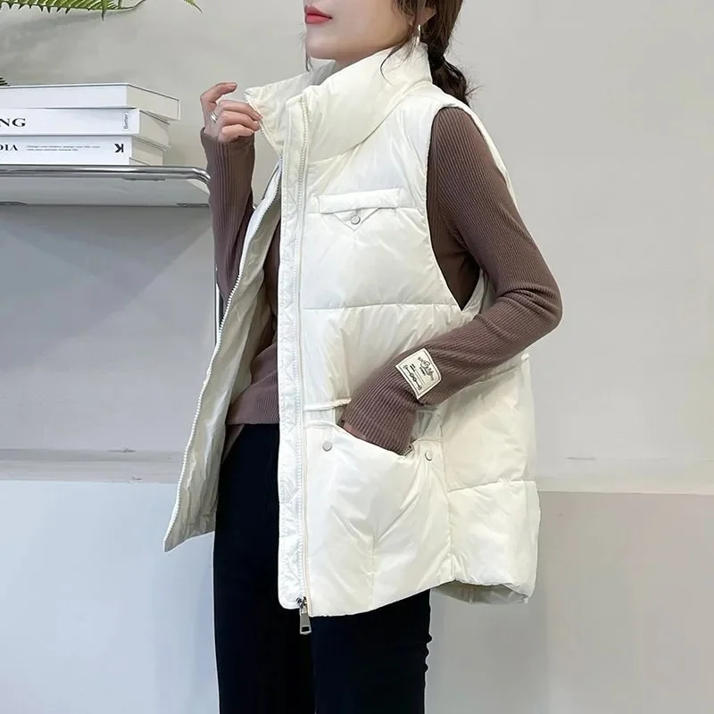 2024 New Winter Puffer Vest Pocket Women's Korean Down Cotton Padded Jacket Waistcoat Stand Collar Parkas Casual Overcoat Top