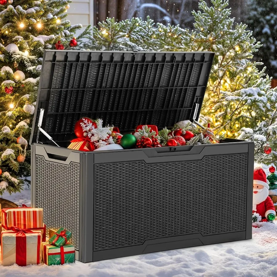 Outdoor Storage Box for patio use, made of weather-resistant polypropylene, charcoal gray color, features lockable lid and vent