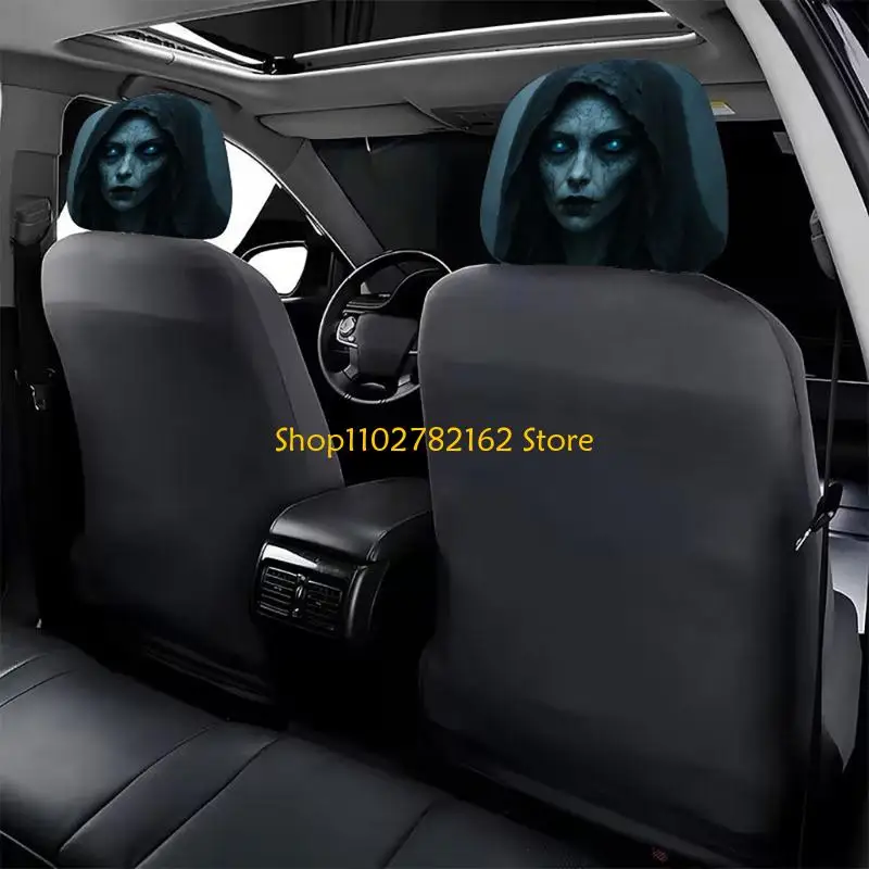 547B Headrest Cover Pair for Car Interior Styling, 2 Piece Polyester Slip On Covers with Hooded Portrait Artwork for Seat Accent