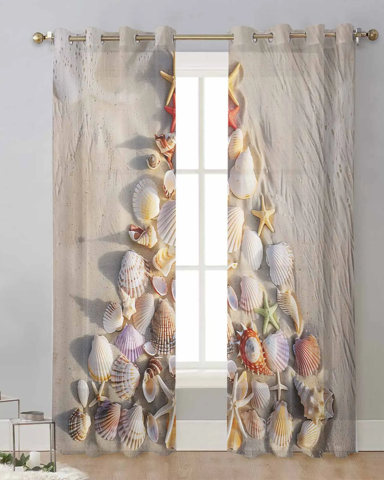 Christmas Tree Beach Shell Sea Star Conch Sheer Curtains for Living Room Printed Tulle Window Curtain Luxury Home Decor Drapes