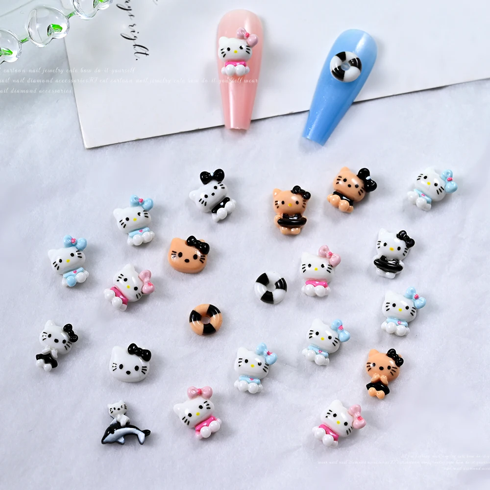 10 pçs bonito dos desenhos animados bronzeamento gatinho encantos do prego kawaii flatback resina arco kt gato strass dedo ornamento manicure acessórios